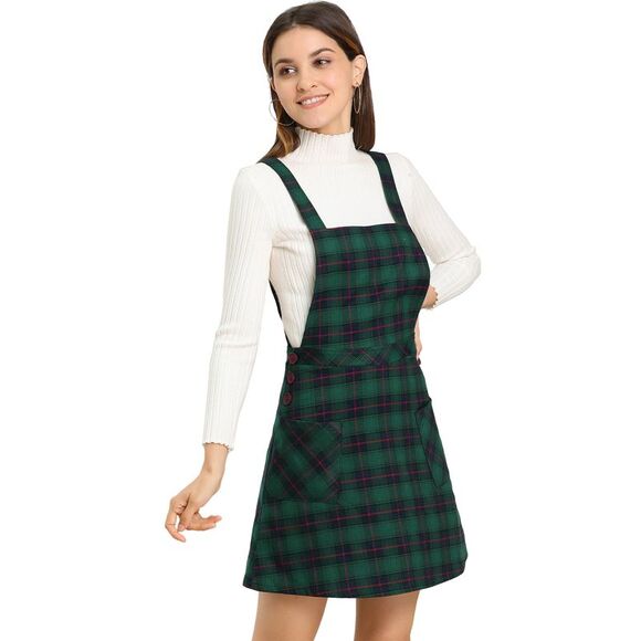 Plaid Tartan Button Decor A-Line Pinafore Overall Dress Green - Picture 1 of 6